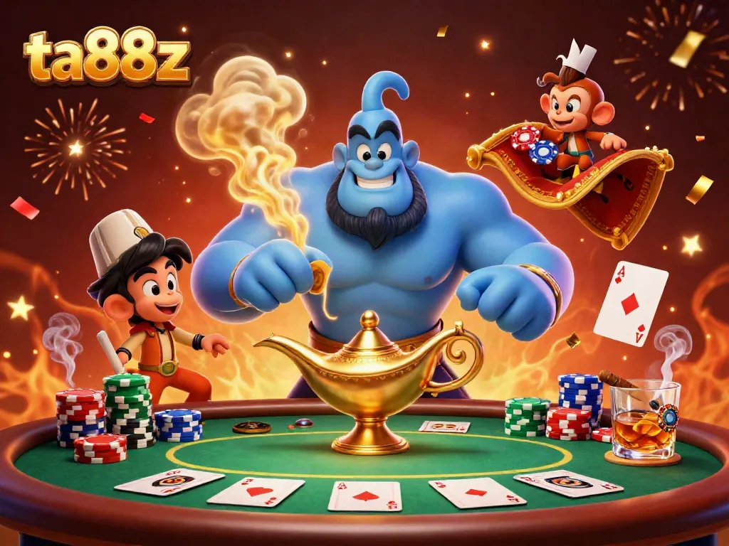 ta88z showcases an energetic casino scene with a genie, monkey, and poker elements for thrilling gaming experiences.