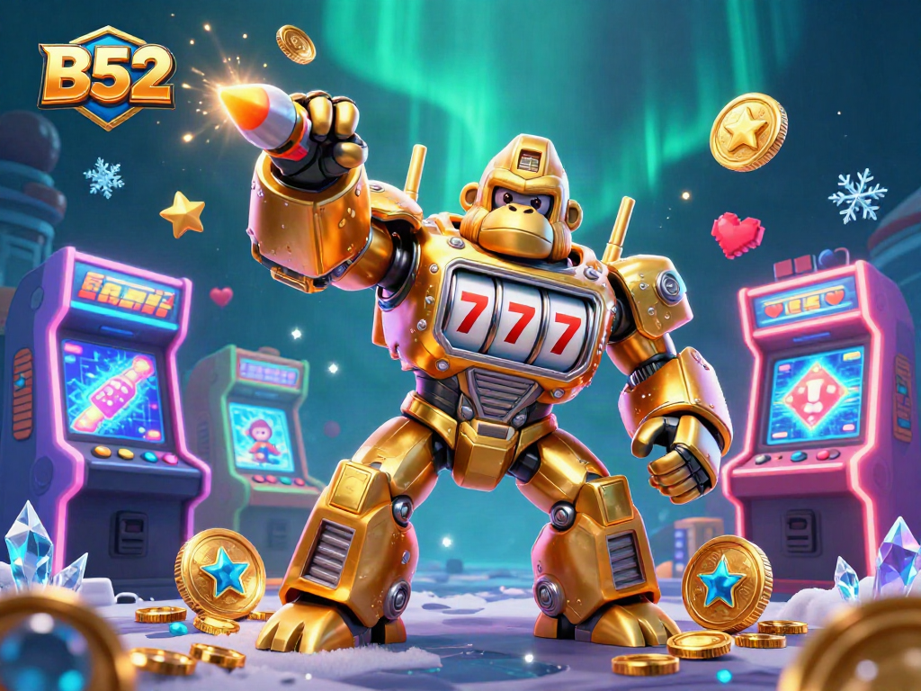 Engage with B52's thrilling slot machine gaming, featuring a striking golden gorilla mech and vibrant arcade elements.