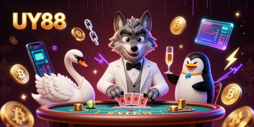Experience UY88's captivating baccarat casino scene with stylish characters and glowing crypto elements.