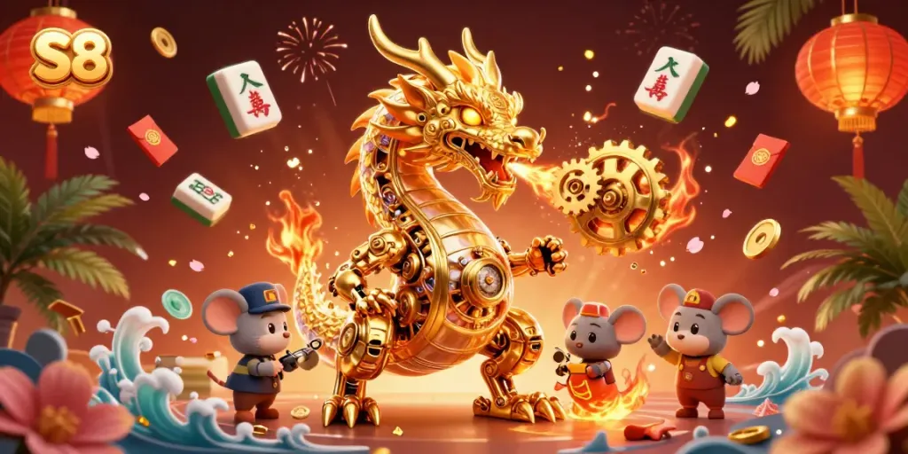 S8's engaging casino scene features a clockwork dragon amidst vibrant gaming elements.