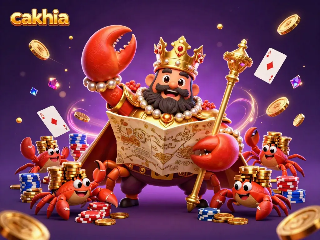 Cakhia's golden crab emperor orchestrates a vibrant casino scene, surrounded by treasures.
