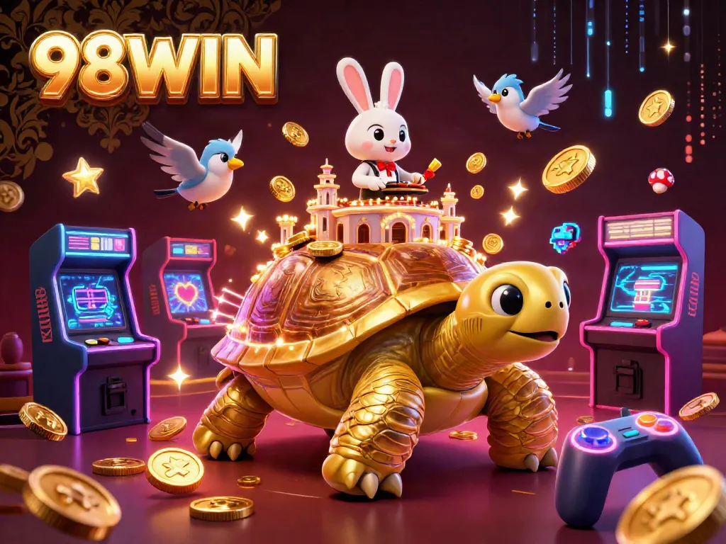 Engage in thrilling casino experiences with 98WIN's vibrant 3D tortoise-themed illustration showcasing dynamic game elements.