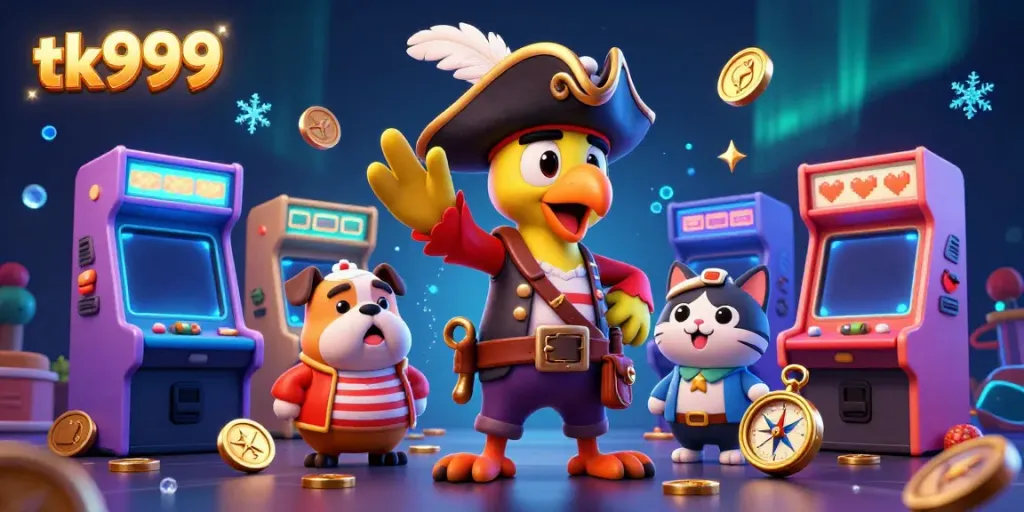 Experience thrilling gaming with tk999 in a vibrant 3D scene featuring pirate-themed characters and casino elements.