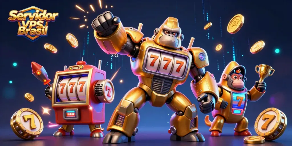 Engage with Servidor VPS Brasil through a vibrant casino-themed scene featuring dynamic slots and gaming excitement.