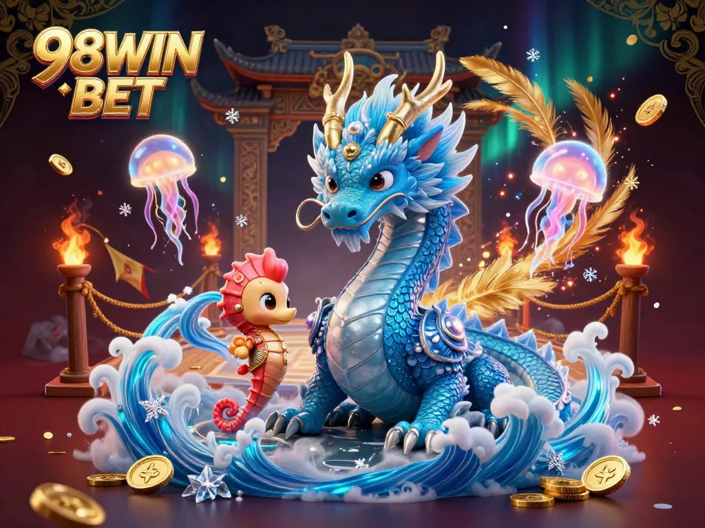 Engage with the vibrant energy of 98WIN BET through this dynamic scene featuring a water dragon, coral knight, and glowing jellyfish in a casino setting.