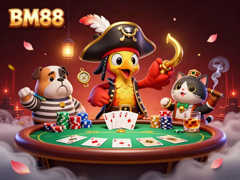Experience thrilling gaming action with BM88 in this vibrant and detailed casino illustration featuring playful characters.