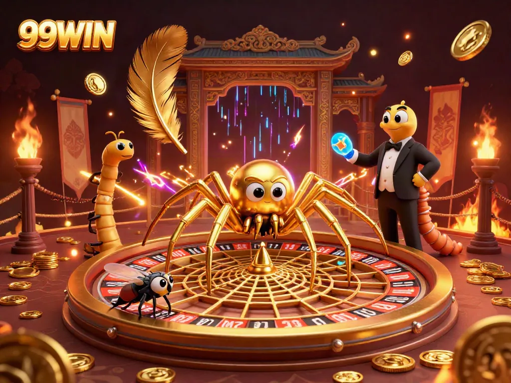 Join the excitement at 99WIN as a golden spider spins a roulette wheel while a fly bets.