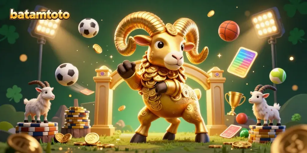 Experience thrilling action with batamtoto's 3D golden ram bursting through a golden gate amidst lively sports elements.