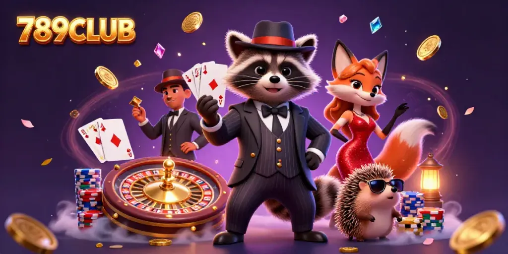 Experience the excitement of gambling with 789CLUB featuring a raccoon, fox, and hedgehog amidst a vibrant casino scene.