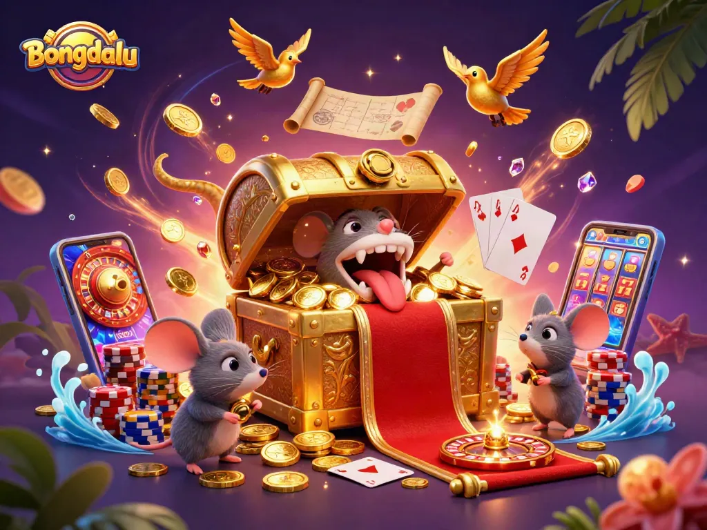 Bongdalu engages players with riches, surrounded by cascading coins and a vibrant casino atmosphere.