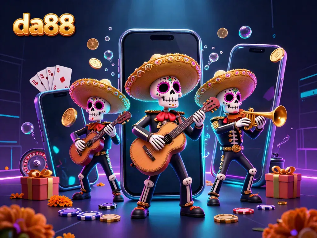 Engage with DA88's thrilling gaming experience featuring vibrant 3D casino elements and artistic characters.