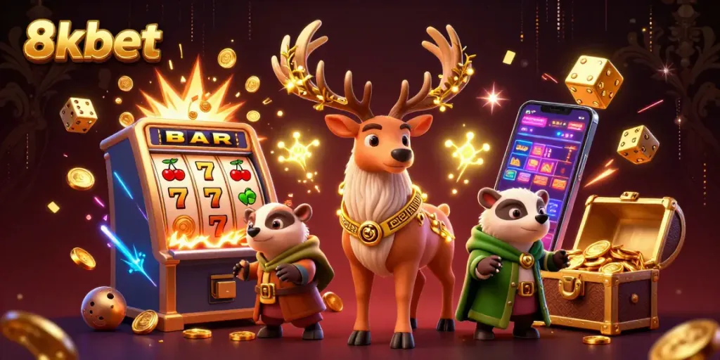 Experience thrilling gameplay at 8xbet with vibrant 3D casino graphics showcasing slot machines and rich rewards.