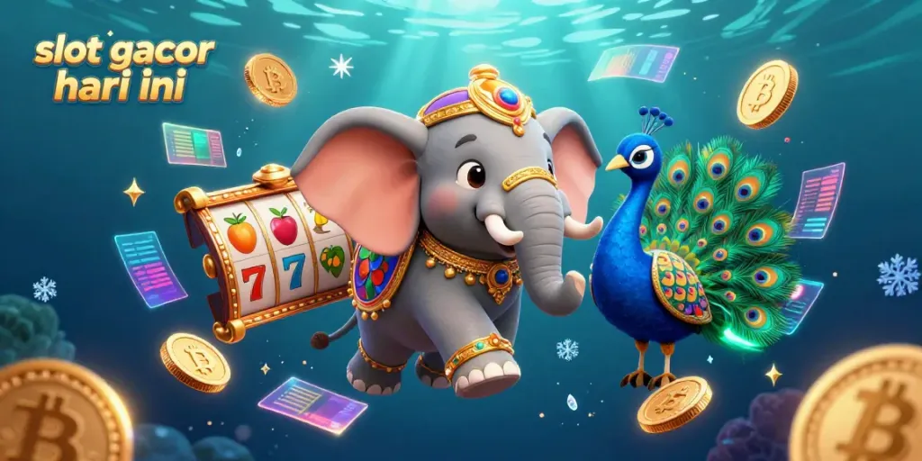 Engage with slot gacor hari ini in a vibrant 3D casino scene featuring lucky symbols and cryptocurrency elements.