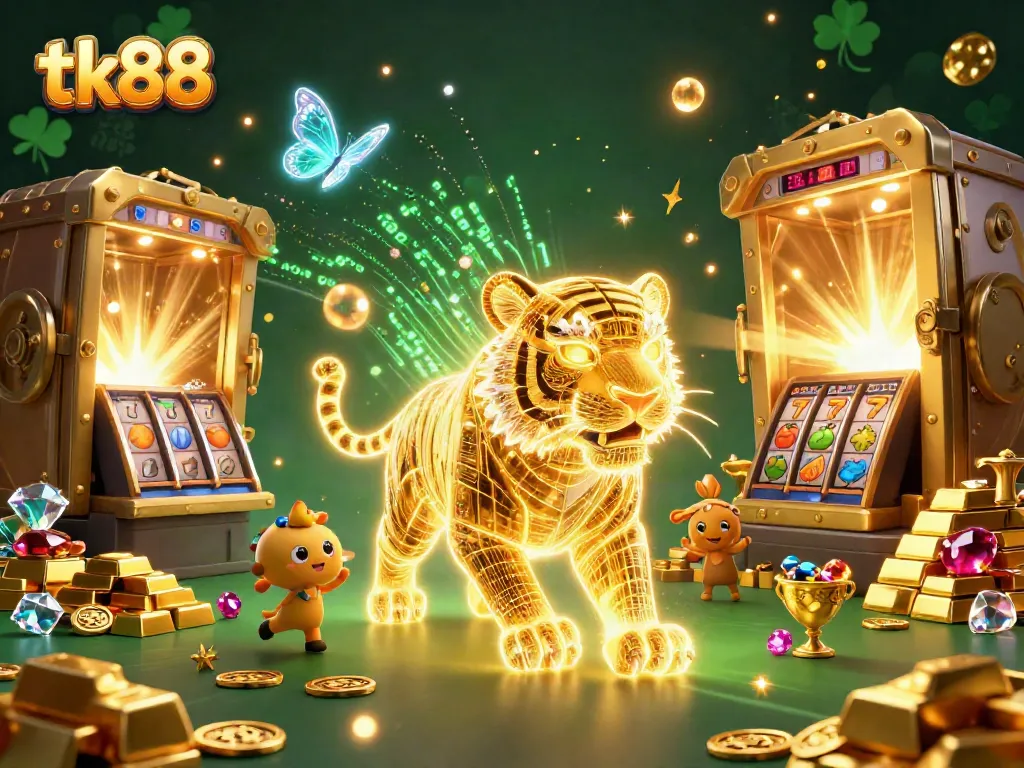 Engage with tk88 in a vibrant digital casino scene showcasing a golden tiger and slot elements.