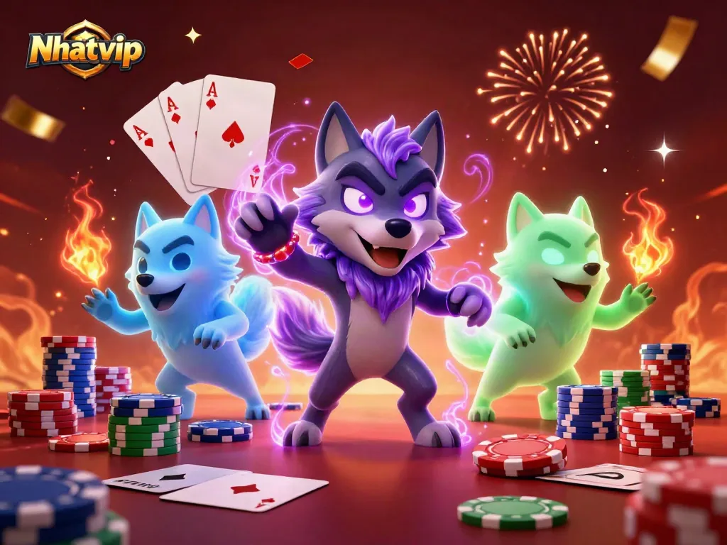 Nhatvip showcases a thrilling casino scene with ghostly wolves, poker chips, and celebration elements.
