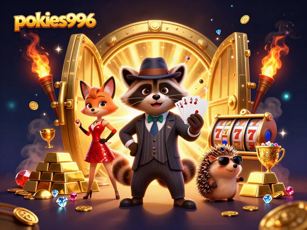 Engage with pokies996 at a vibrant 3D casino scene filled with slot reels and treasures