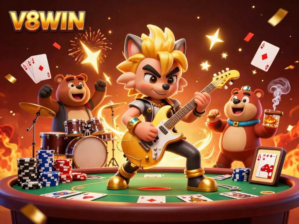 Experience V8WIN excitement with a vibrant 3D casino illustration showcasing dynamic action, poker chips, and golden details.