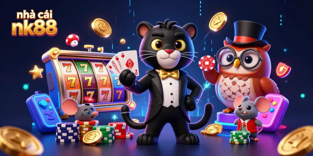 Engage with the thrilling world of nhà cái nk88 through a lively 3D casino scene featuring unique characters.