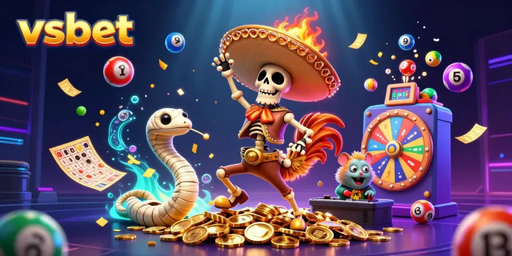 Experience thrilling moments at vsbet with vibrant casino-themed characters celebrating wins amidst dazzling game elements.