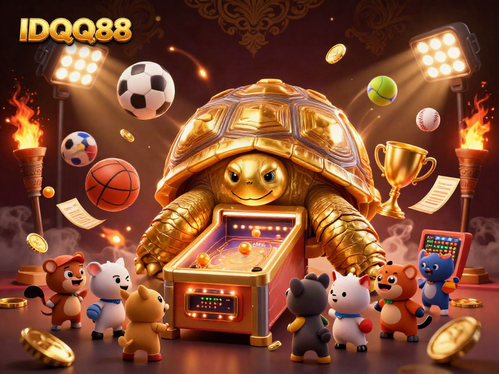 Experience the vibrant energy of IDQQ88 with thrilling gambling visuals featuring a golden tortoise and excited players.