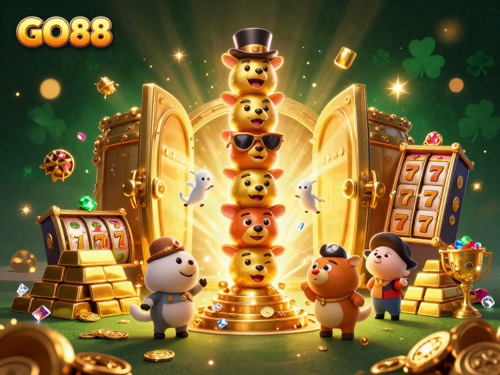 Engage with GO88's thrilling casino atmosphere featuring a vibrant 3D golden totem and treasure graphics.