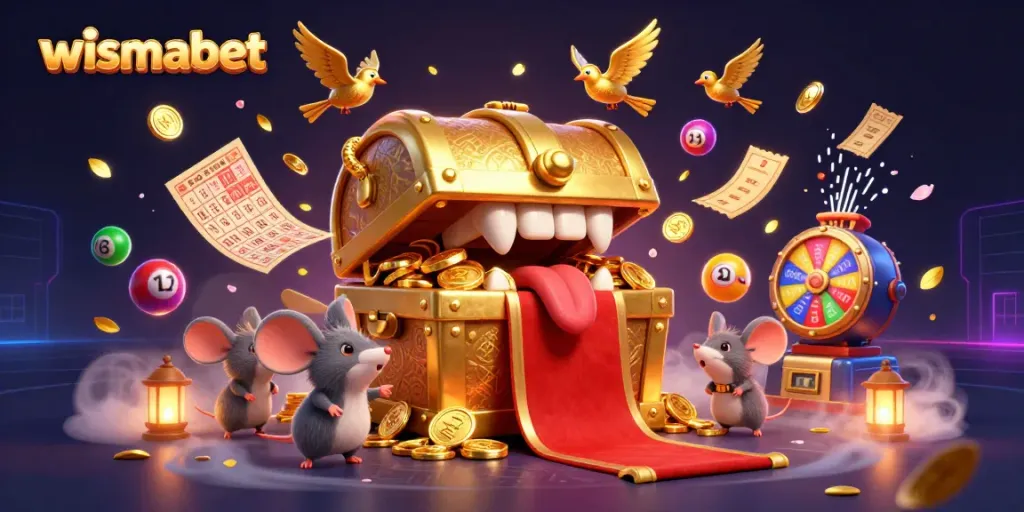 Menggoda pemain di wismabet dengan peti harta karun emas dan bola lotere berwarna-warni.