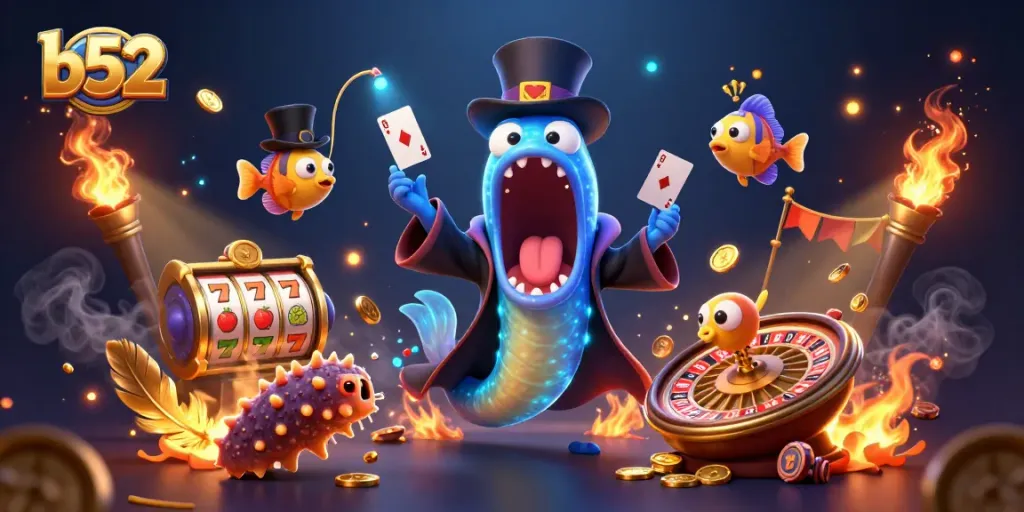 Experience thrilling card tricks and casino excitement with the b52 magic act featuring deep-sea characters in a gambling scene.