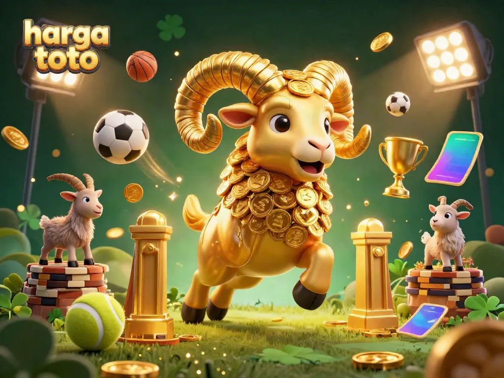 Experience the thrill of harga toto as a golden ram charges through a vibrant casino backdrop filled with festive sports elements.