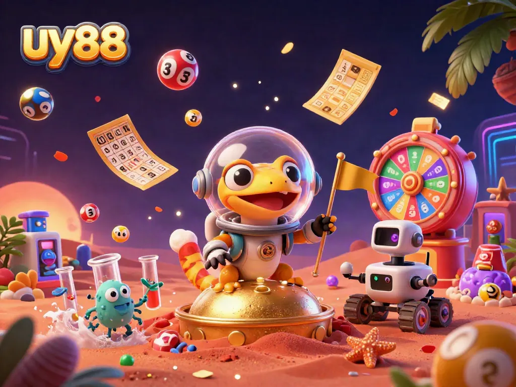 Engage with the thrilling atmosphere of uy88, where a Martian gecko discovers a golden casino amidst lively games and colorful elements.