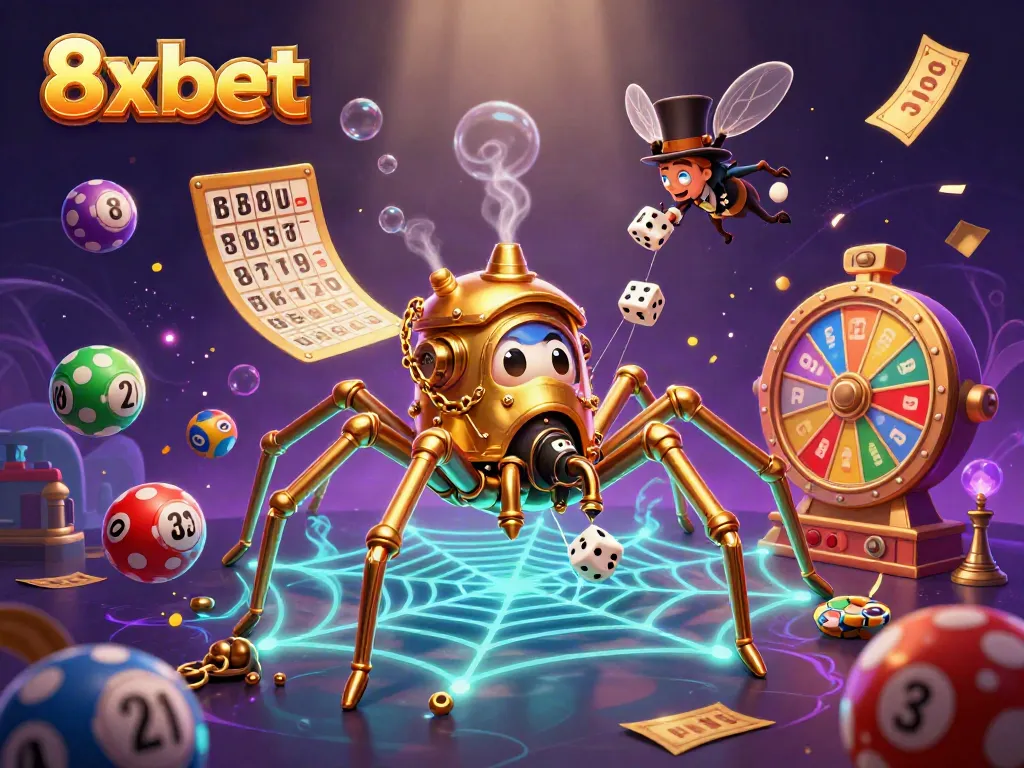 Engage with 8xbet as a golden spider captures dice in a vibrant casino web.