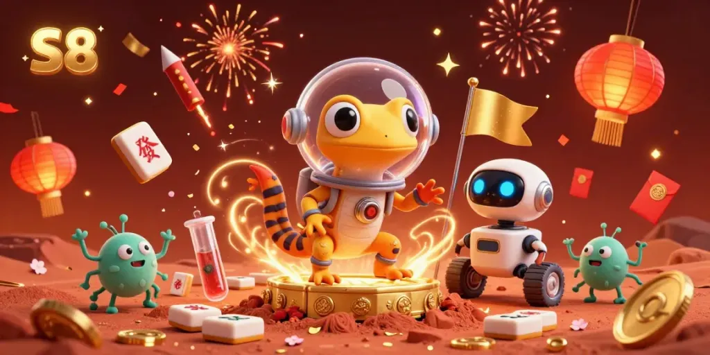 Uncovering S8: A Martian gecko and a robot celebrate winning in a golden casino.