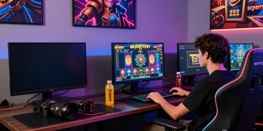 Engaging gaming experience at jerukbet with vibrant Slot777 interfaces and ambient lighting.