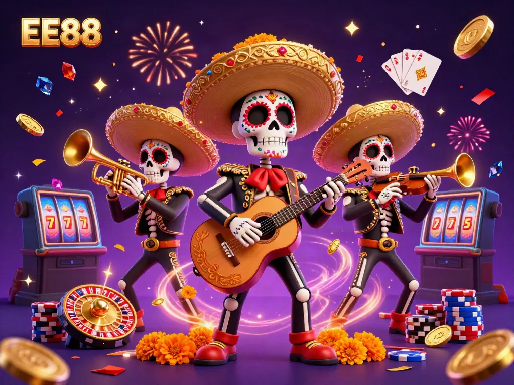 Engage in thrilling gameplay with EE88 at a vibrant, lively casino scene featuring a mariachi band.