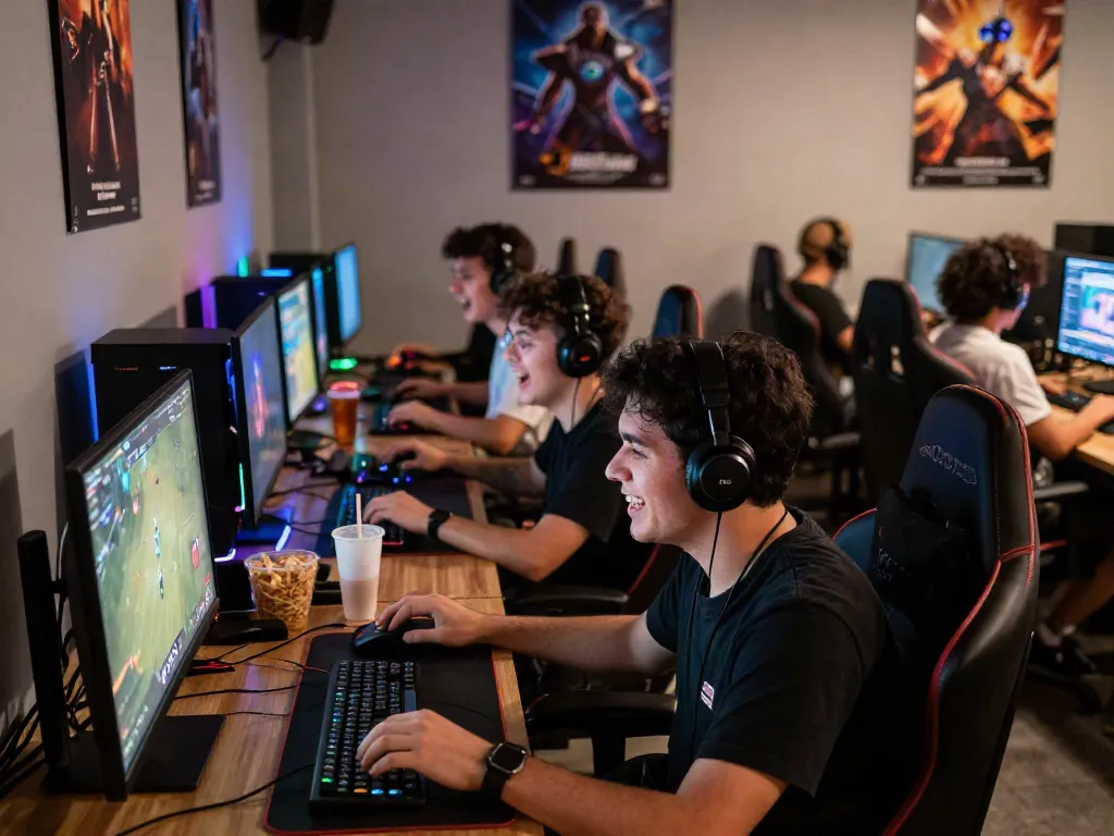 Warung168 gaming lifestyle scene with diverse gamers enjoying digital café atmosphere.