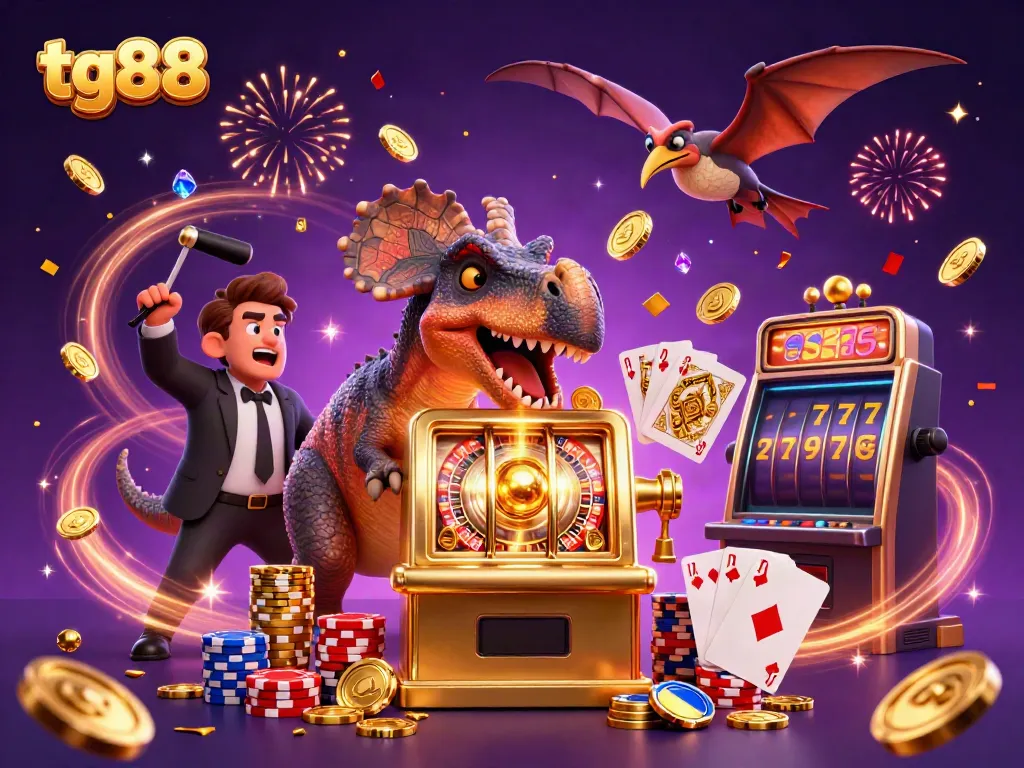 tg88 rewards players with golden jackpots amid fun 3D dinosaurs in a vibrant casino scene.