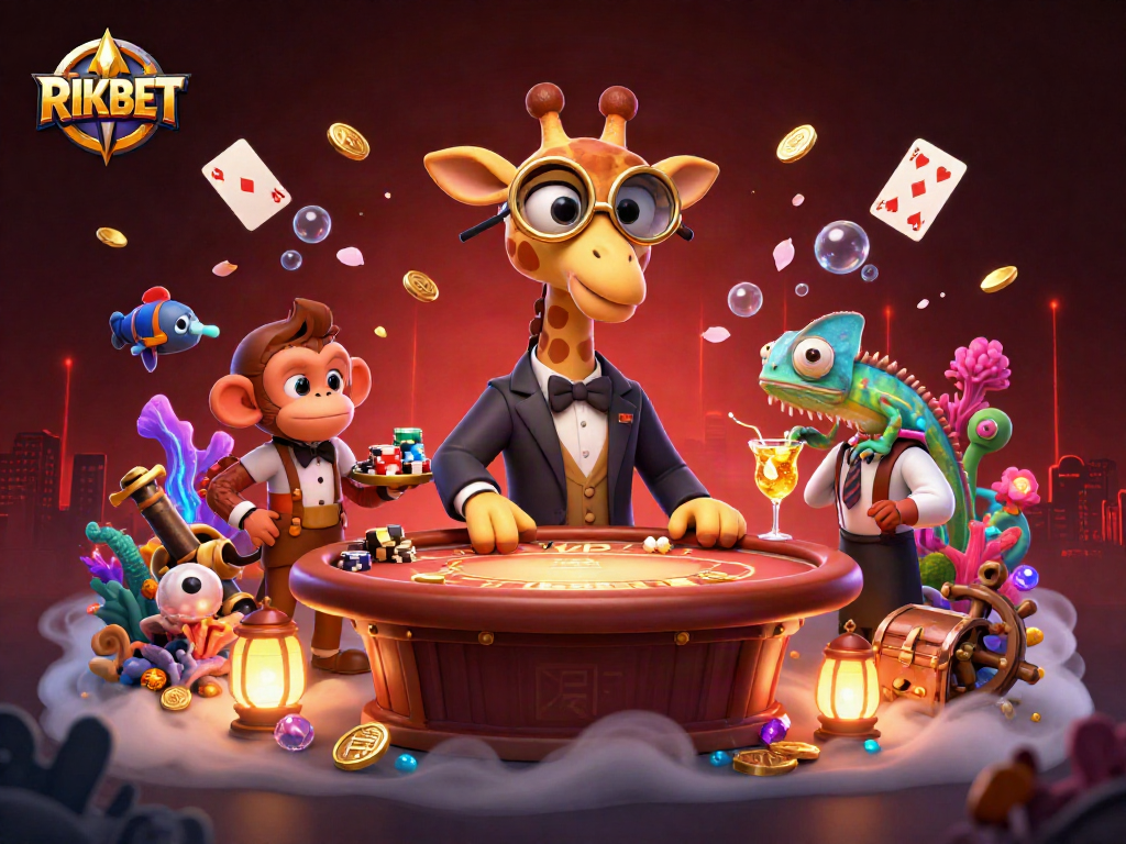 RIKBET showcases an engaging 3D illustration featuring vibrant casino elements with animated characters.