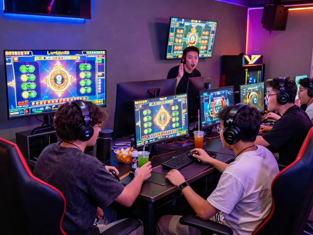 Exciting gaming room with friends enjoying lumbung88 slot games together.
