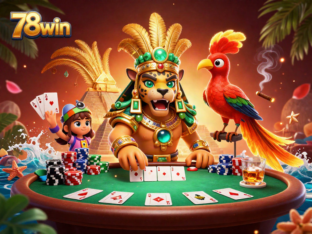 Engage with thrilling poker action at 78win featuring a Mayan priest and vibrant game elements.