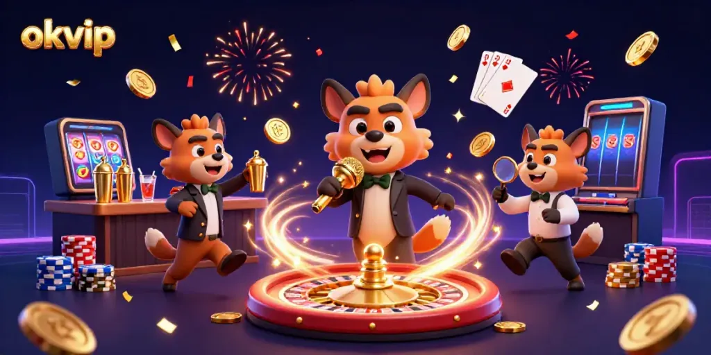 Experience the vibrant comedy casino scene with okvip's animated hyenas celebrating wins.