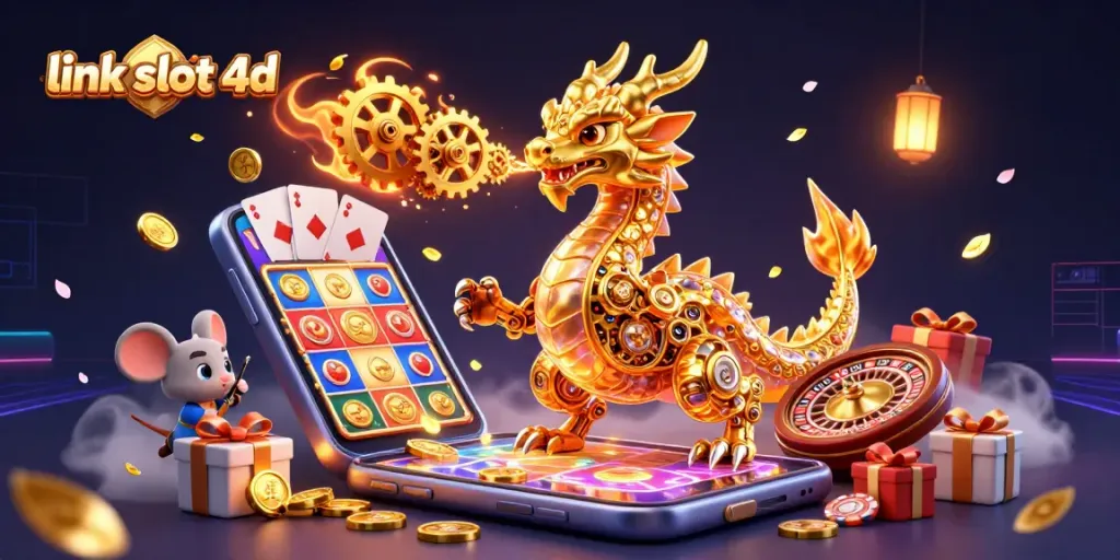 Menangkan permainan link slot 4d dengan naga emas biomekanik yang menakjubkan dan unsur kasino berwarna-warni.