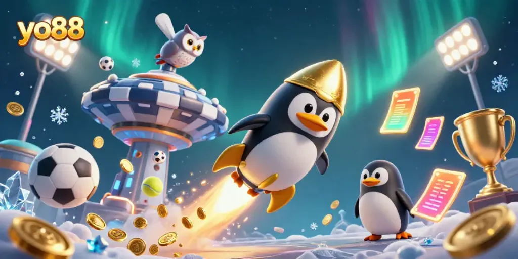 Watch the yo88 penguin rocket through space toward a vibrant casino station, surrounded by dynamic sports elements.