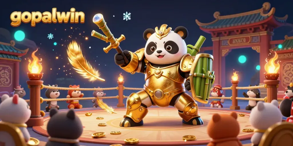 Experience the thrilling action of gopalwin with a golden panda battling in a dynamic casino-themed arena.