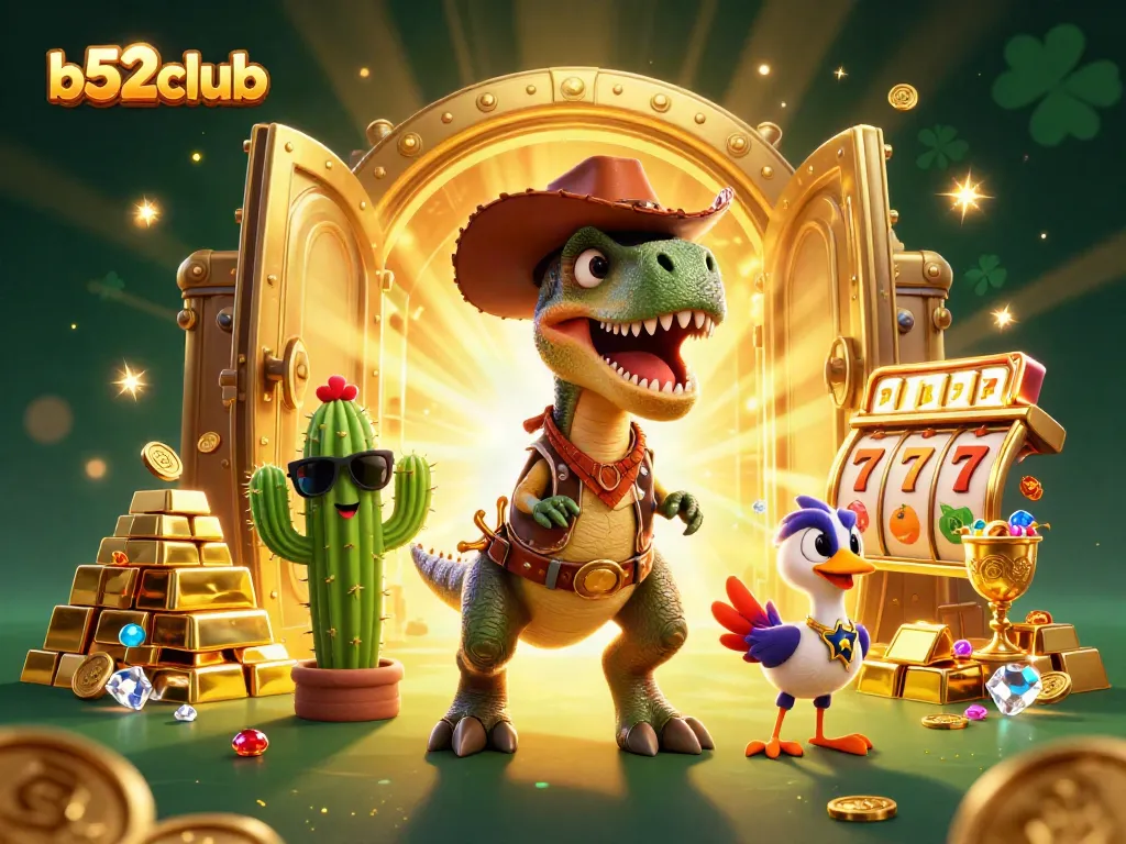 Engage with thrilling action at b52club, where cartoon dinosaur T-Rex and friends celebrate winning jackpots with gold treasures.