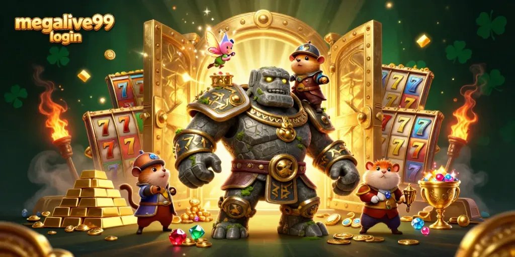 Gambaran ilustrasi 3D dengan megalive99 login, menunjukkan golem penjaga, peri, dan ksatria hamster di kasino yang kaya emas.