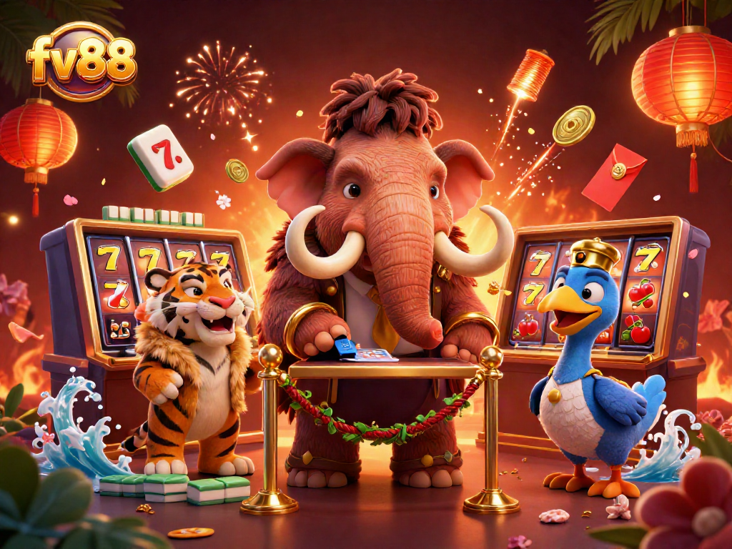 fv88 casino scene with a woolly mammoth bouncer checking IDs, vibrant slot reels and festive decorations