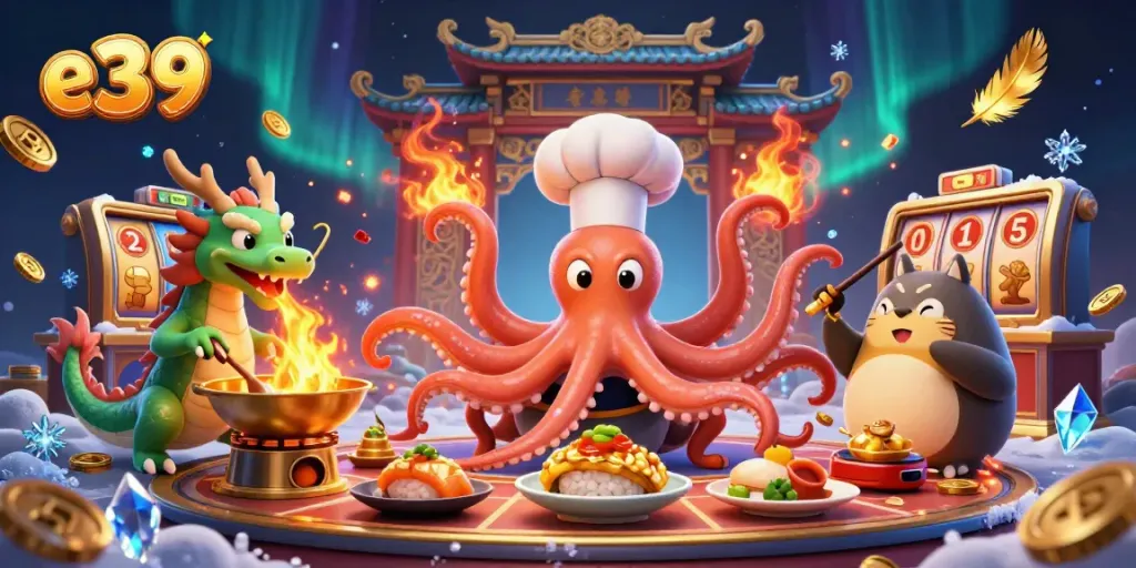 Experience thrilling gameplay at e39 with cartoon characters in an energetic casino environment, featuring slot machines and gold.