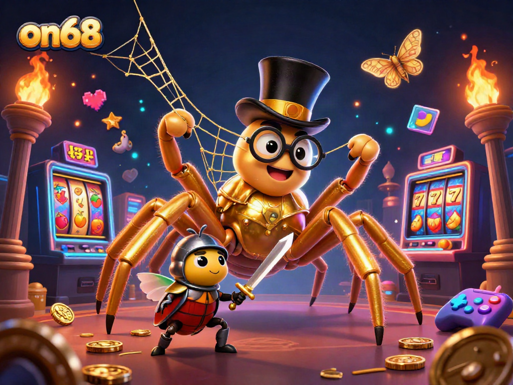 Engage in thrilling gaming action with on68 in a vibrant casino scene featuring a golden tarantula and beetle knight.