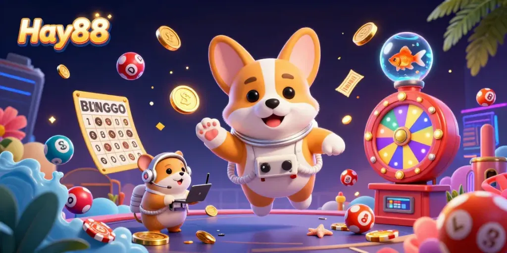 Experience Hay88's thrilling casino atmosphere with a corgi astronaut and playful animations in cosmic space.