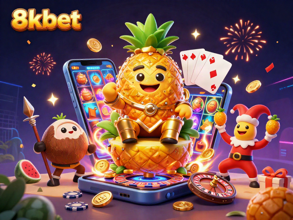Experience the excitement of 8xbet with the golden pineapple king and vibrant casino elements.