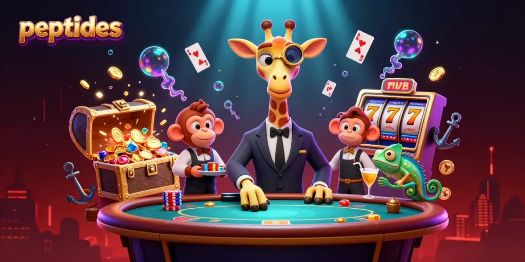 Engaging scene of peptides-themed  casino with a giraffe, monkey, and chameleon entertaining players.